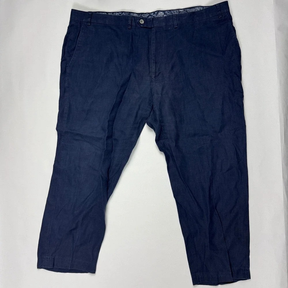 Ralph Lauren Navy Blue Linen Trousers Flat Front Mens Pants 44x26